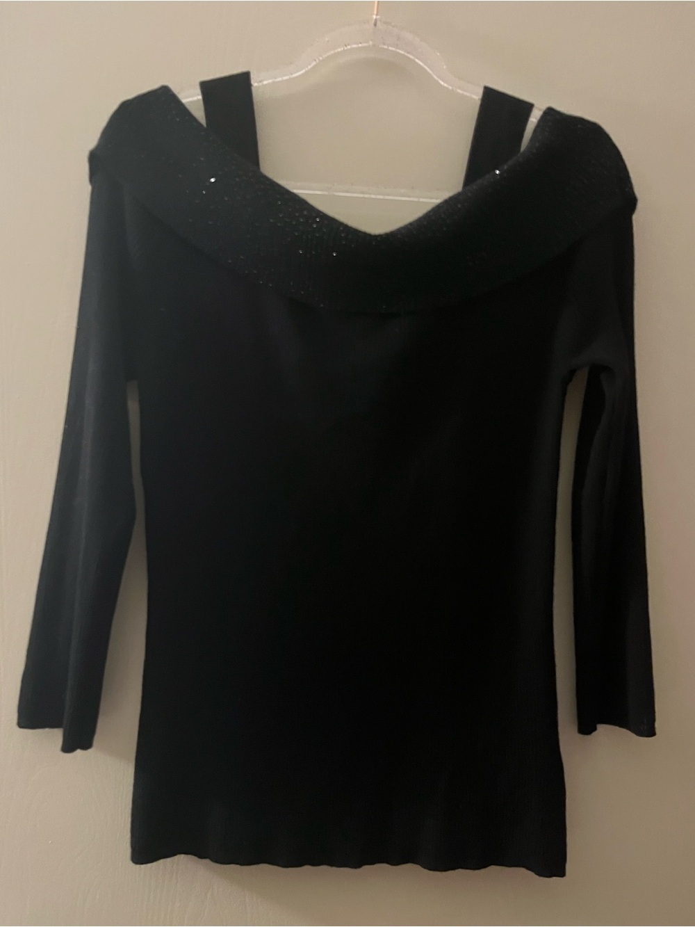 Cable & Gauge Black Off-Shoulder Ribbed Sweater with Sparkle Trim